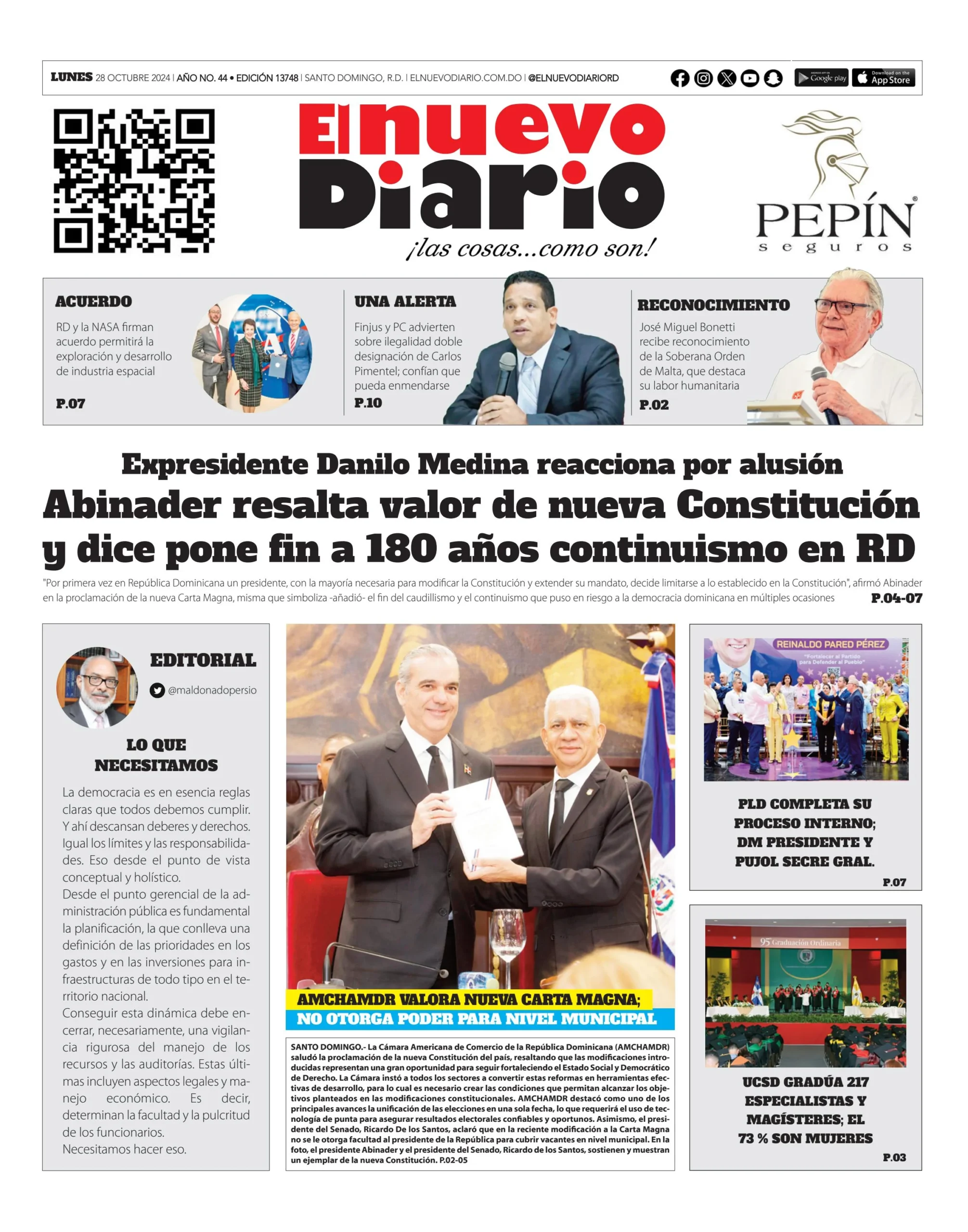 Portada Periódico El Nuevo Diario, Lunes 28 Octubre, 2024