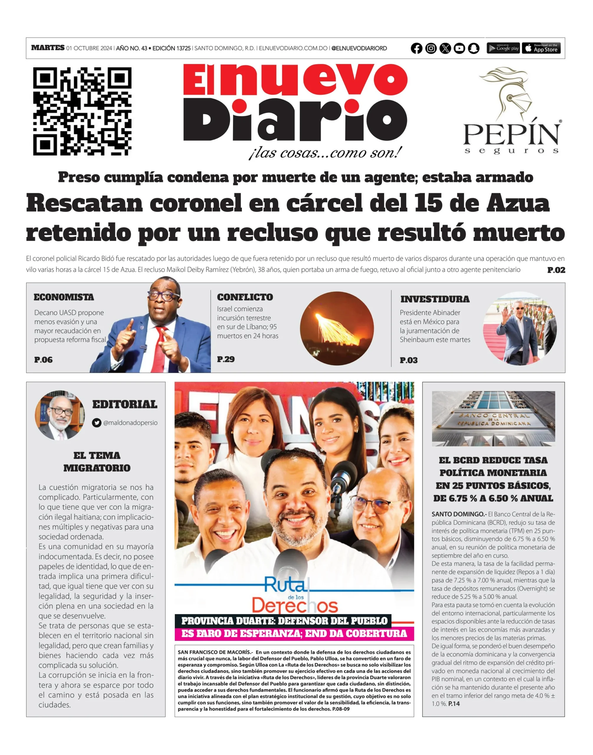 Portada Periódico El Nuevo Diario, Martes 01 Octubre, 2024