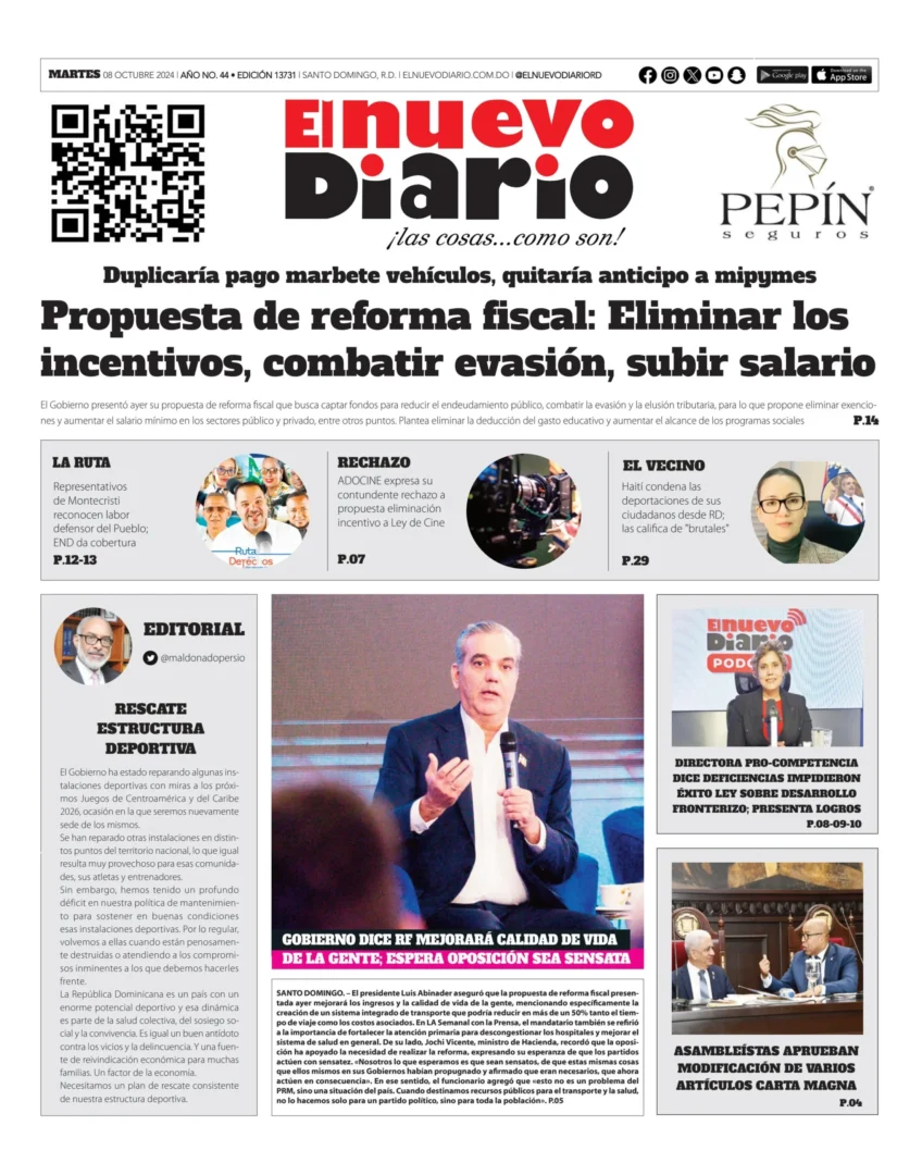 Portada Periódico El Nuevo Diario, Martes 08 Octubre, 2024