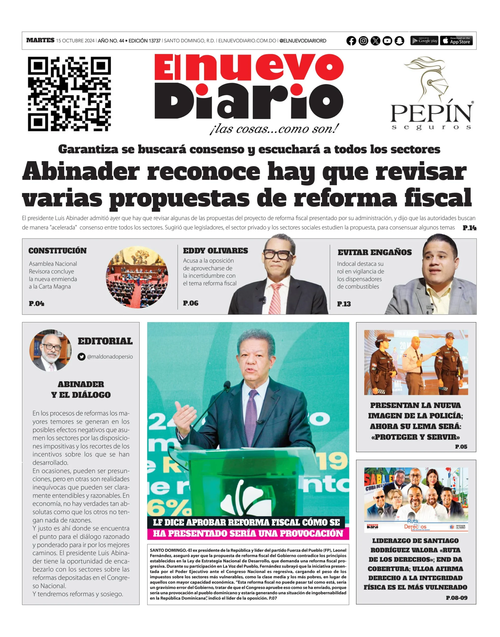 Portada Periódico El Nuevo Diario, Martes 15 Octubre, 2024