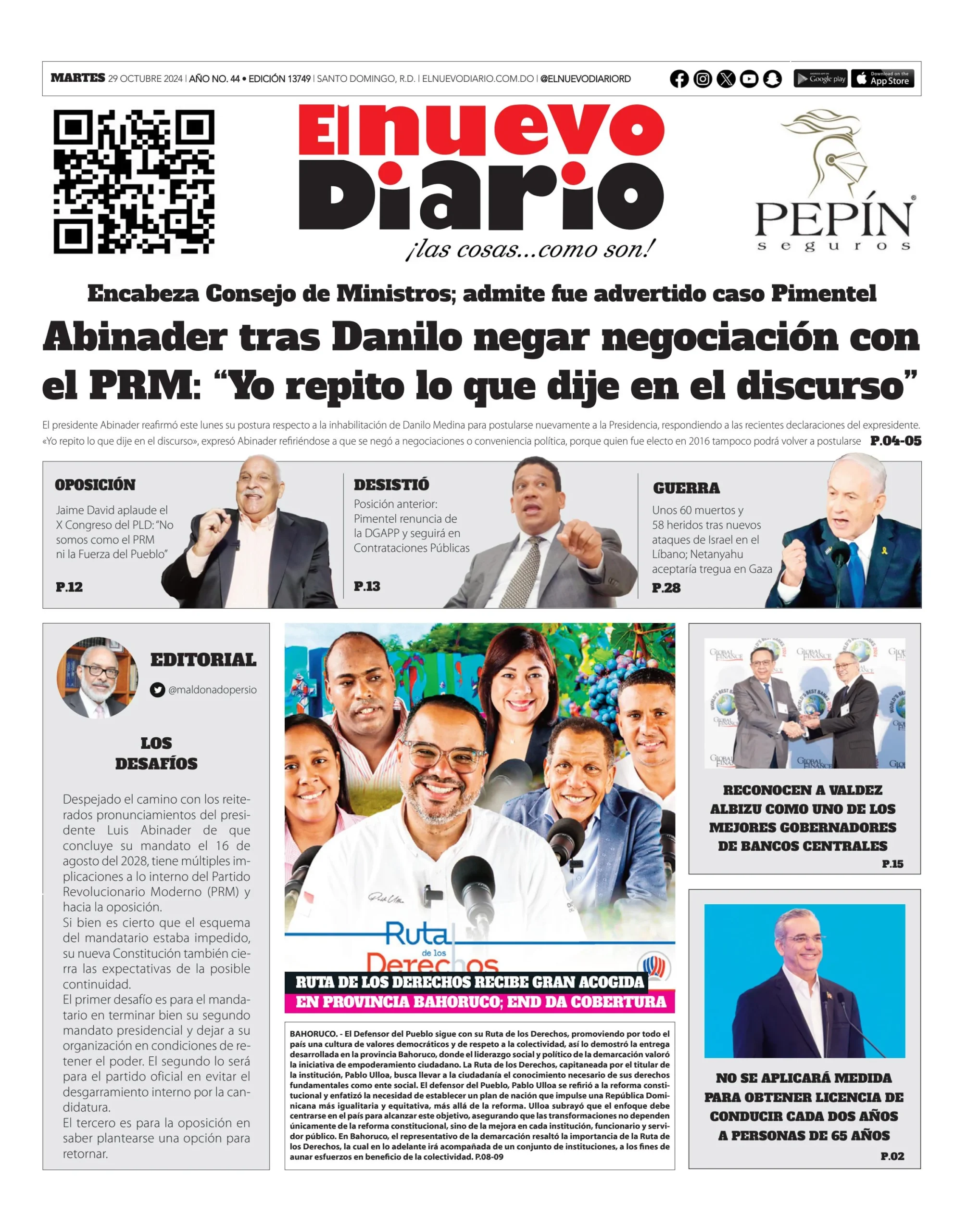 Portada Periódico El Nuevo Diario, Martes 29 Octubre, 2024