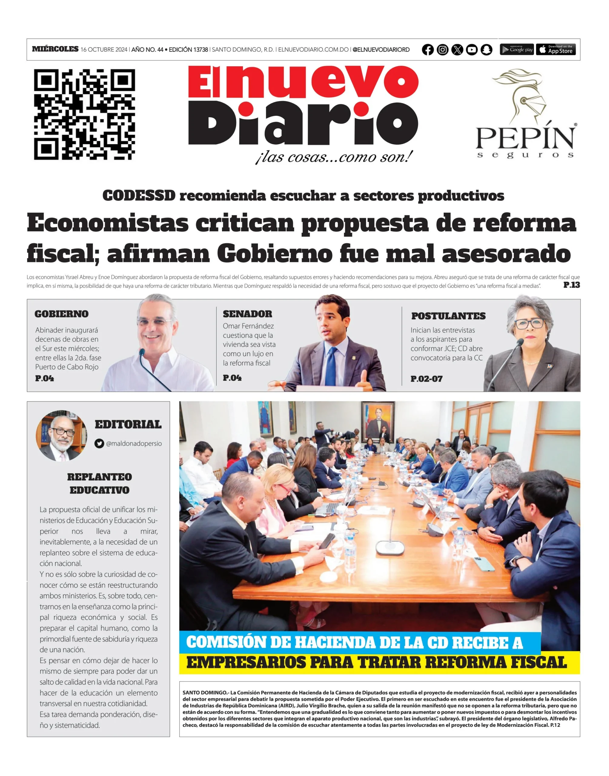 Portada Periódico El Nuevo Diario, Miércoles 16 Octubre, 2024