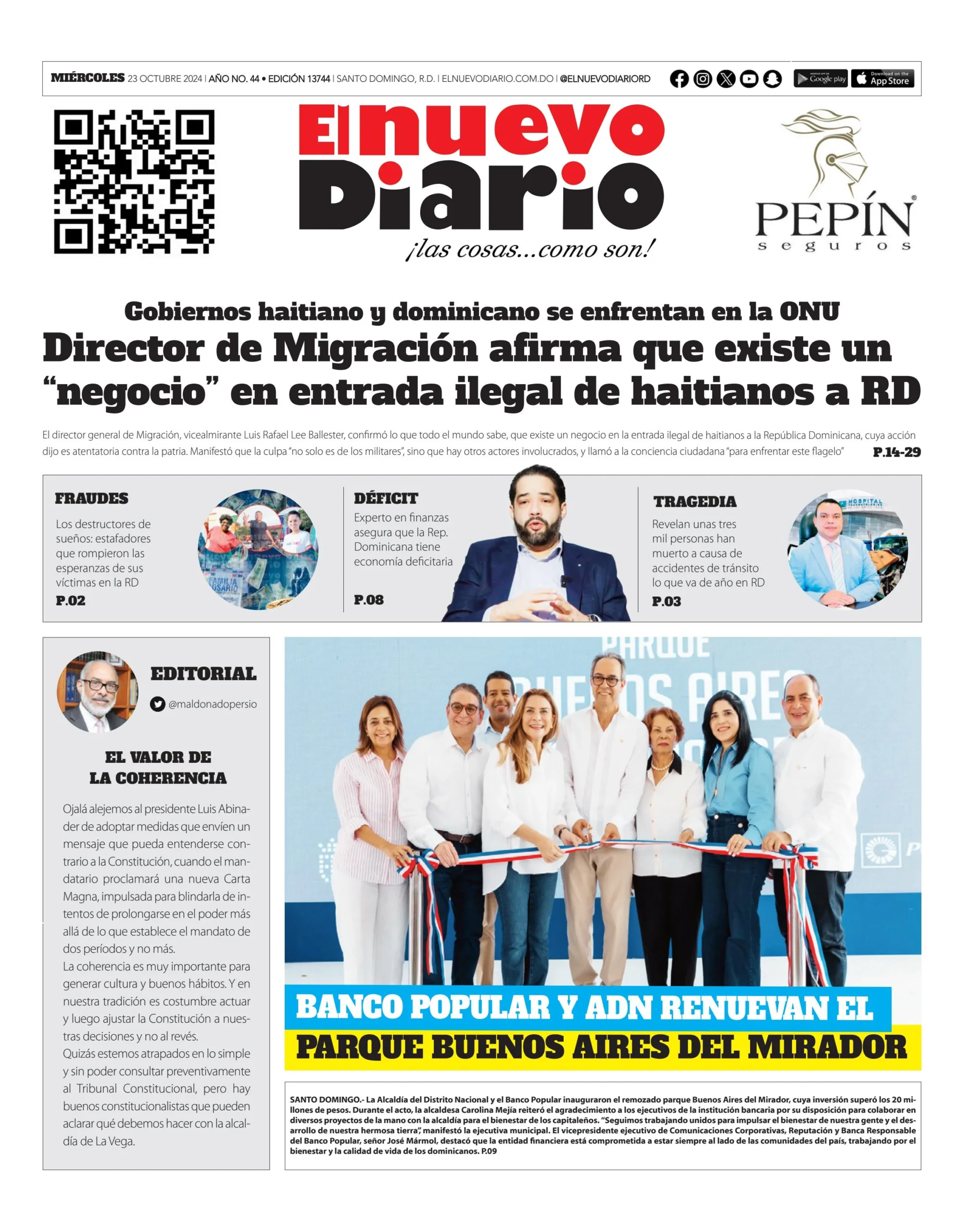 Portada Periódico El Nuevo Diario, Miércoles 23 Octubre, 2024