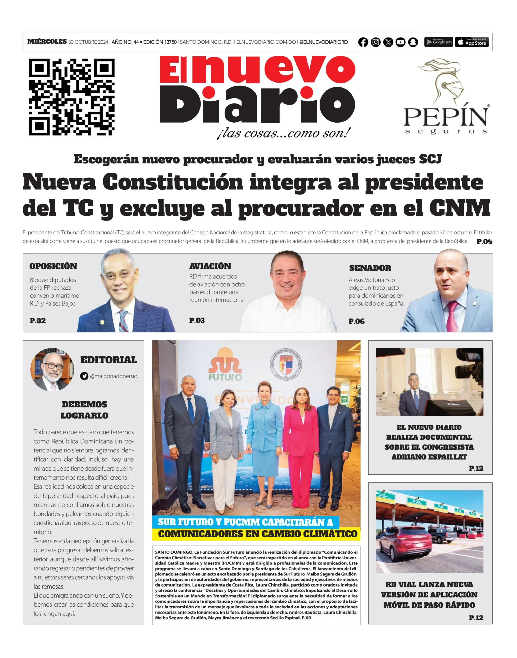 Portada Periódico El Nuevo Diario, Miércoles 30 Octubre, 2024