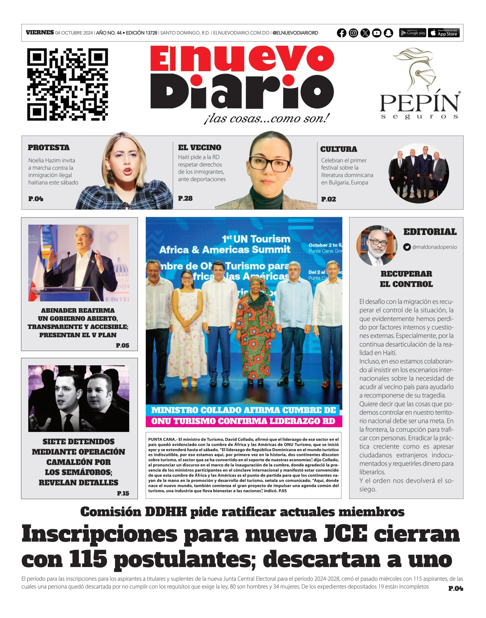 Portada Periódico El Nuevo Diario, Viernes 04 Octubre, 2024