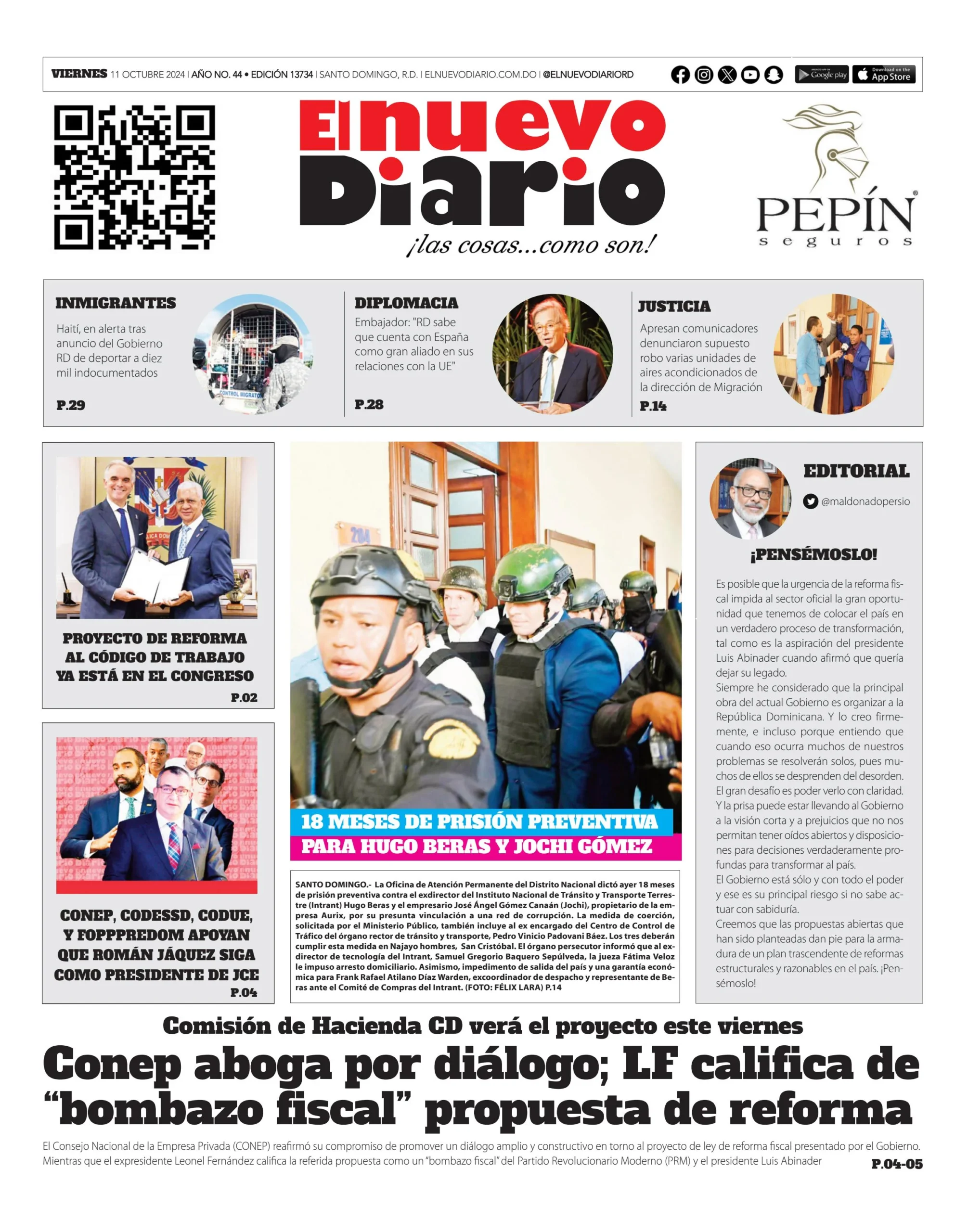 Portada Periódico El Nuevo Diario, Viernes 11 Octubre, 2024