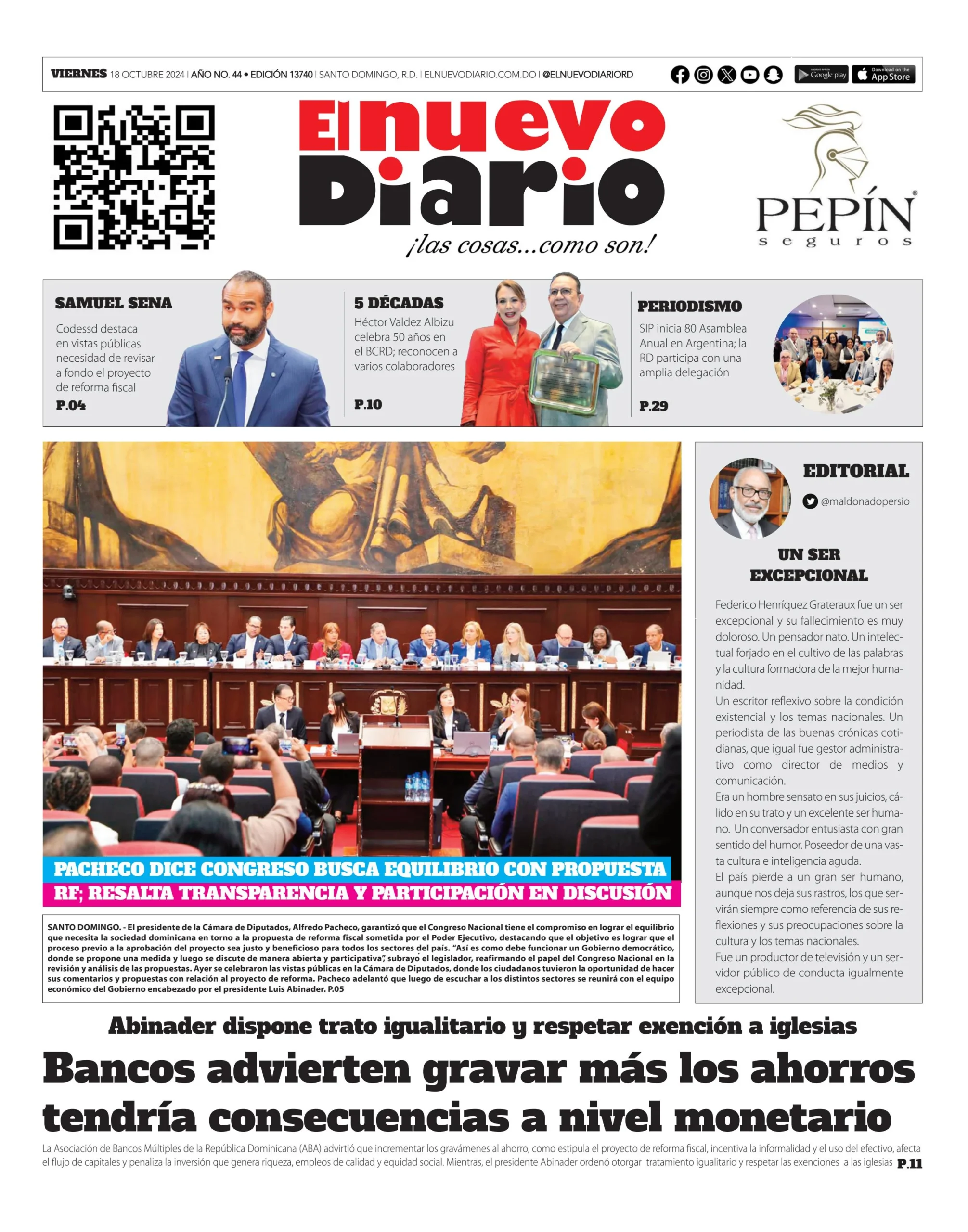 Portada Periódico El Nuevo Diario, Viernes 18 Octubre, 2024