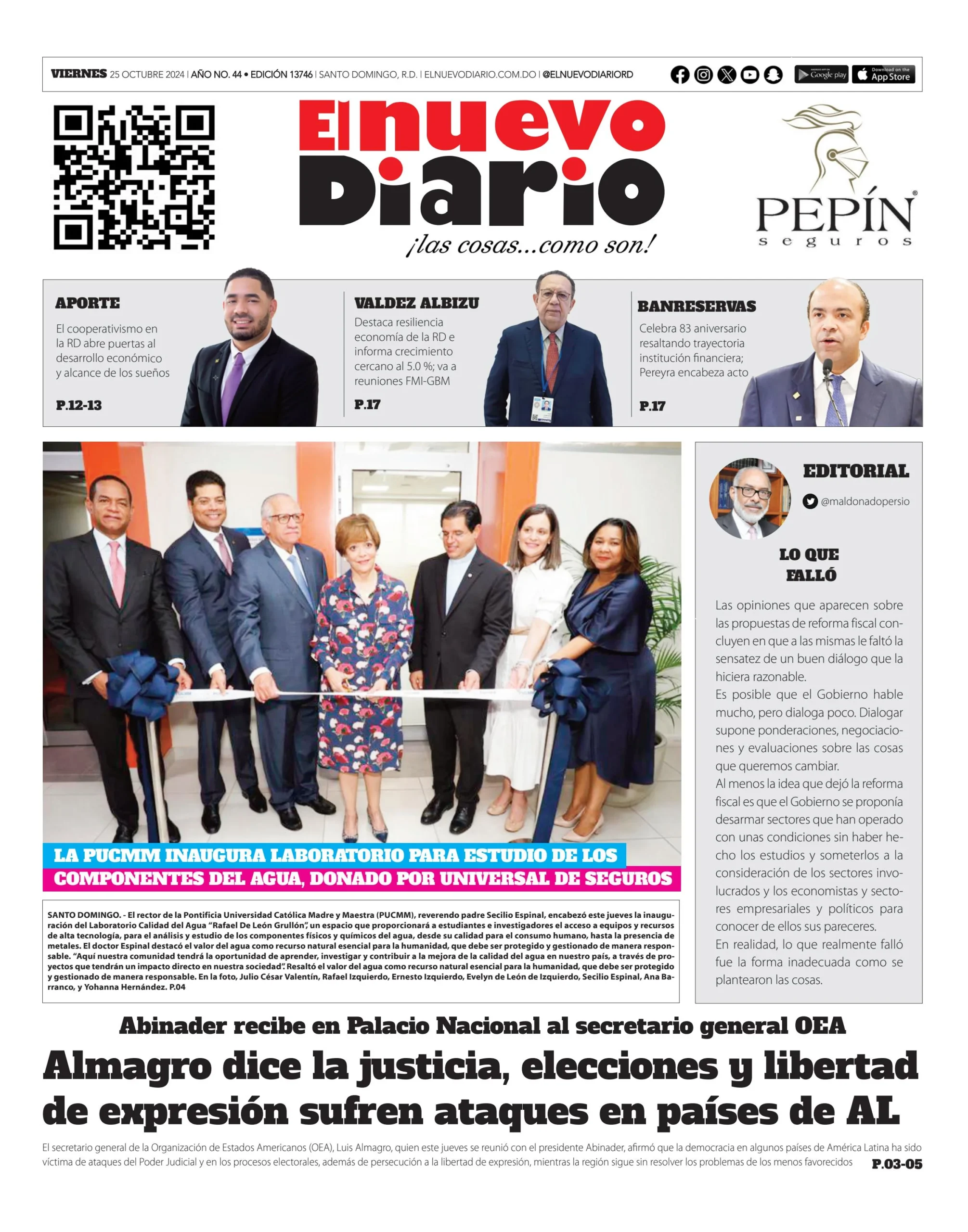 Portada Periódico El Nuevo Diario, Viernes 25 Octubre, 2024