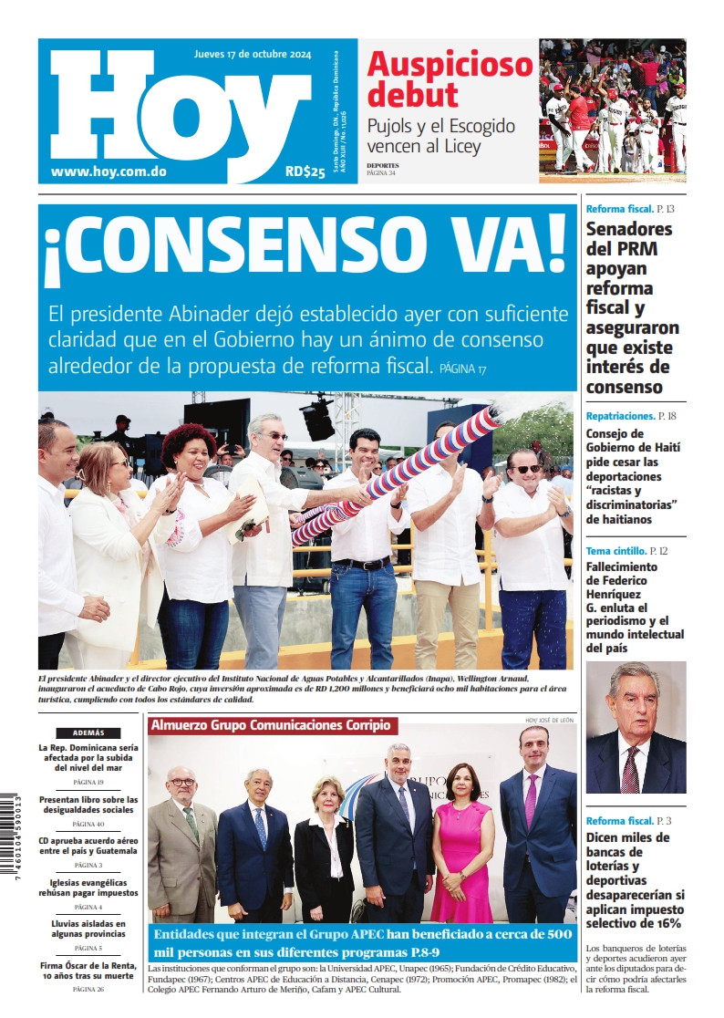 Portada Periódico Hoy, Jueves 17 Octubre, 2024