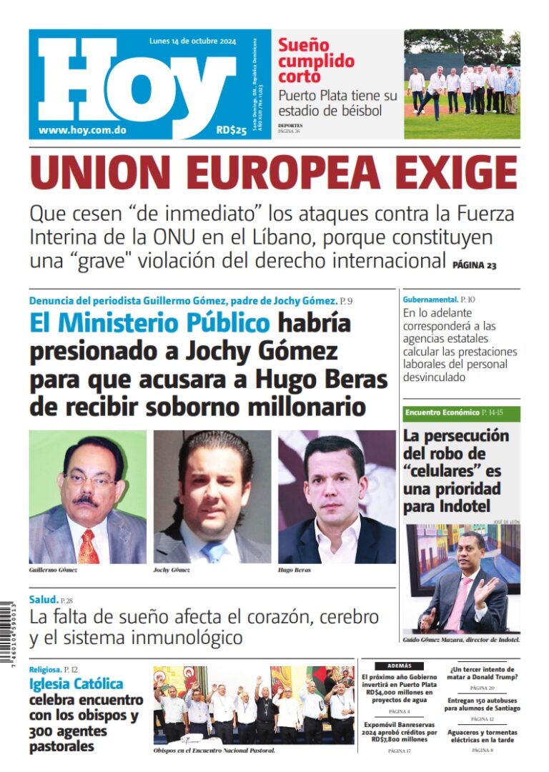 Portada Periódico Hoy, Lunes 14 Octubre, 2024