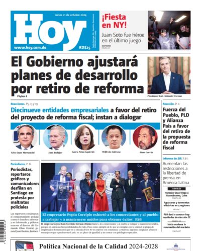 Portada Periódico Hoy, Lunes 21 Octubre, 2024