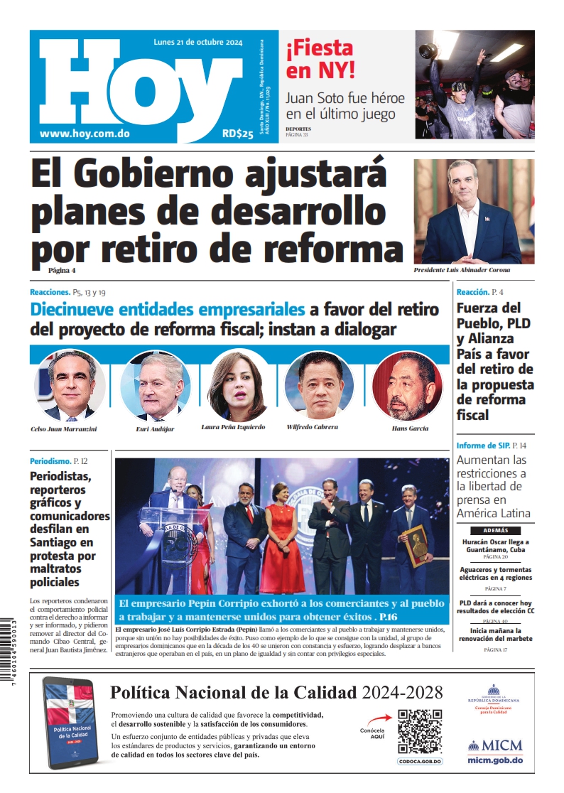 Portada Periódico Hoy, Lunes 21 Octubre, 2024