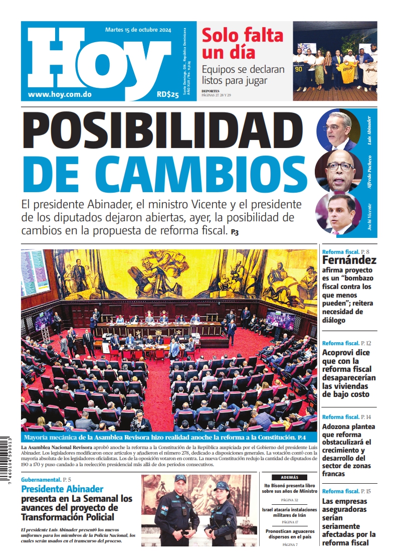 Portada Periódico Hoy, Martes 15 Octubre, 2024