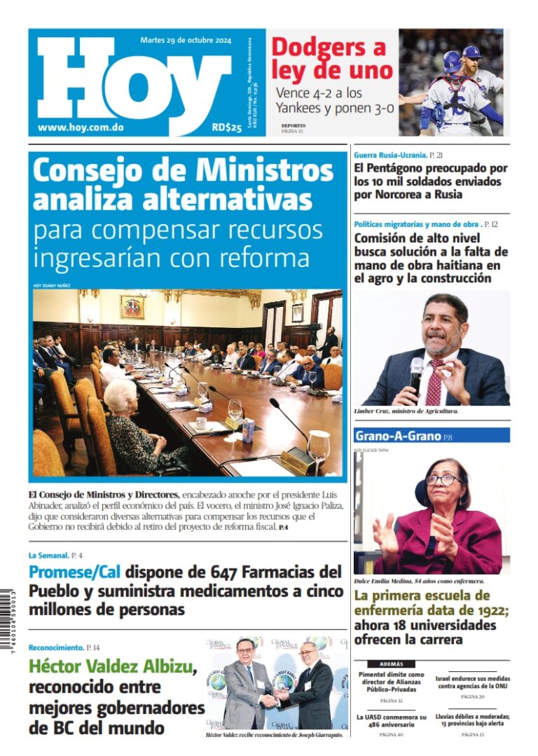 Portada Periódico Hoy, Martes 29 Octubre, 2024 - Dominicana.do