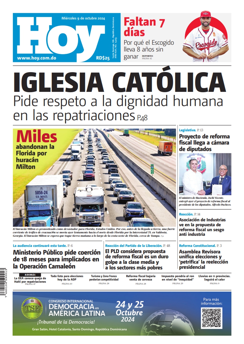 Portada Periódico Hoy, Miércoles 09 Octubre, 2024