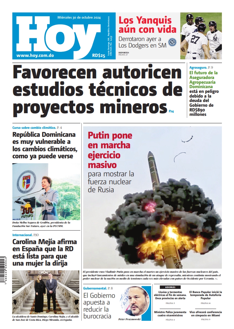 Portada Periódico Hoy, Miércoles 30 Octubre, 2024