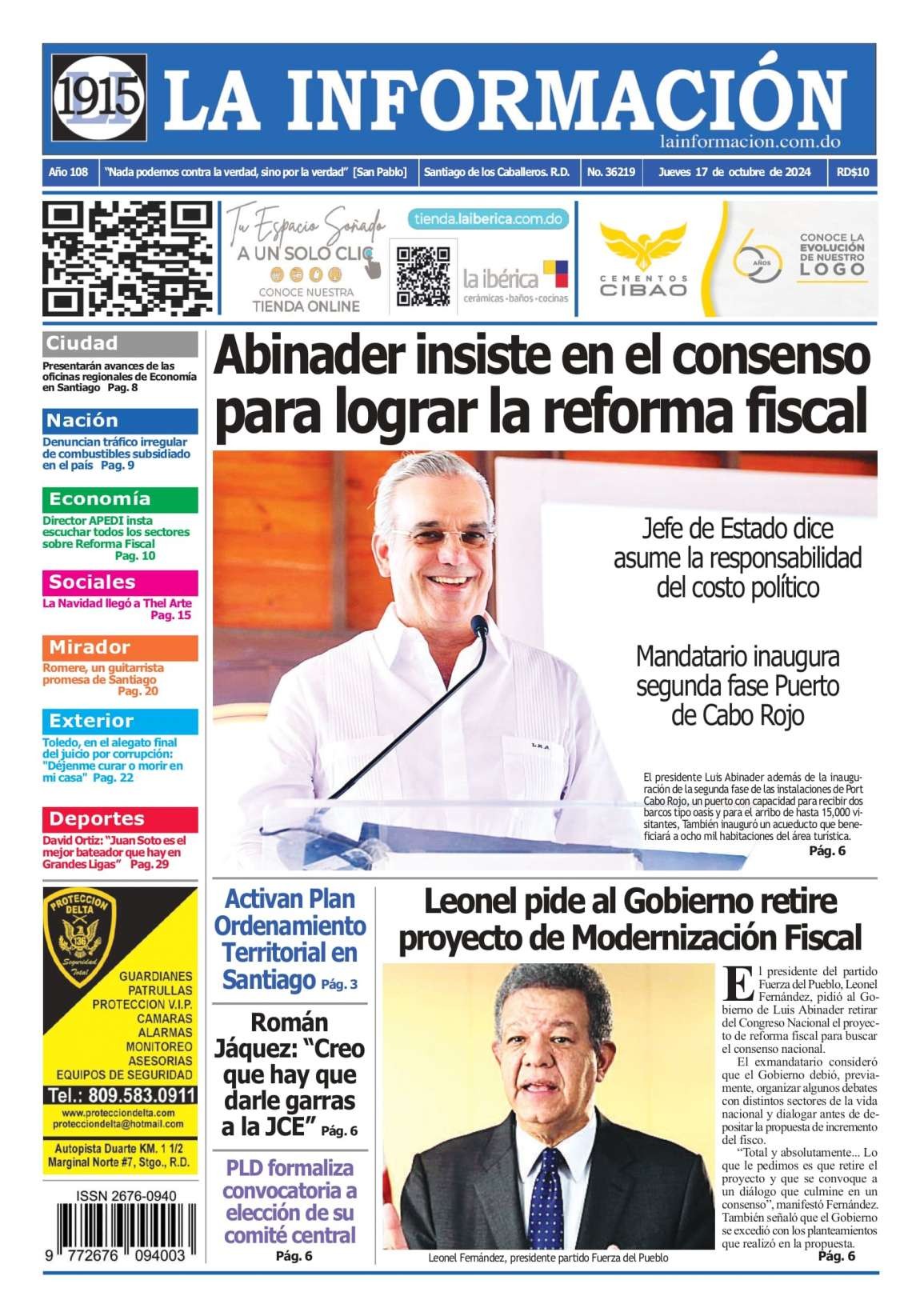 Portada Periódico La Información, Jueves 17 Octubre, 2024