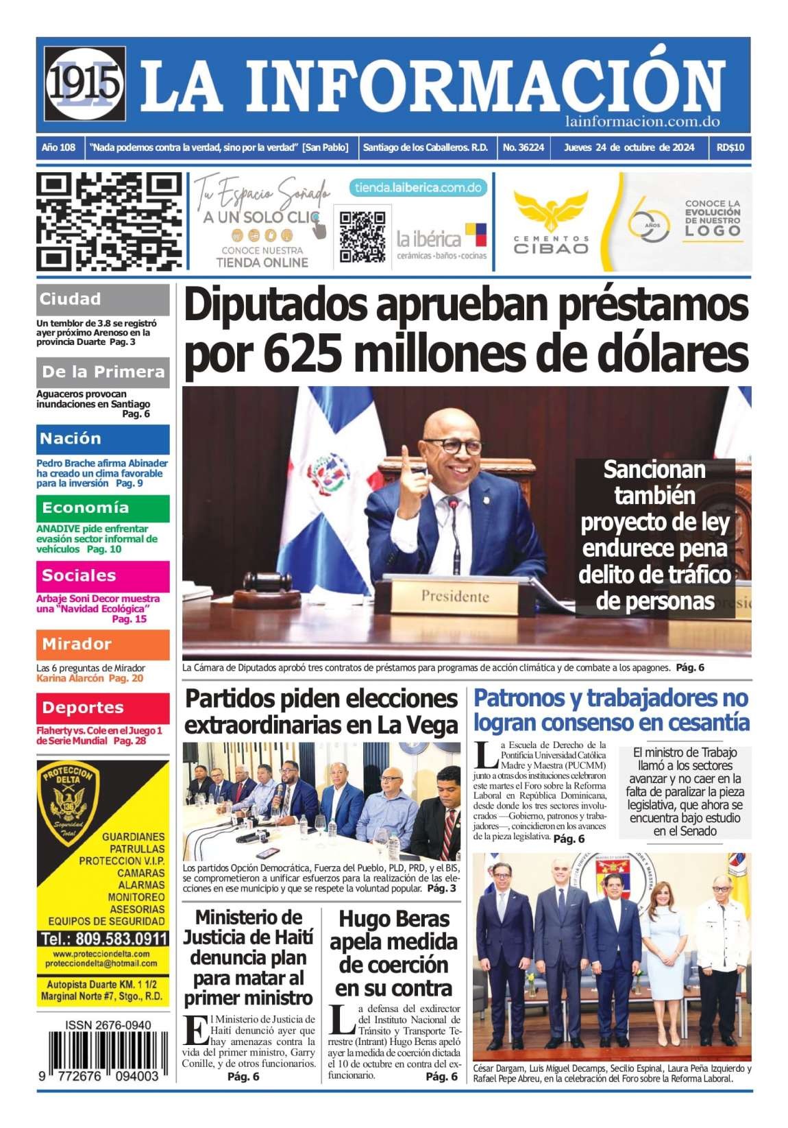 Portada Periódico La Información, Jueves 24 Octubre, 2024