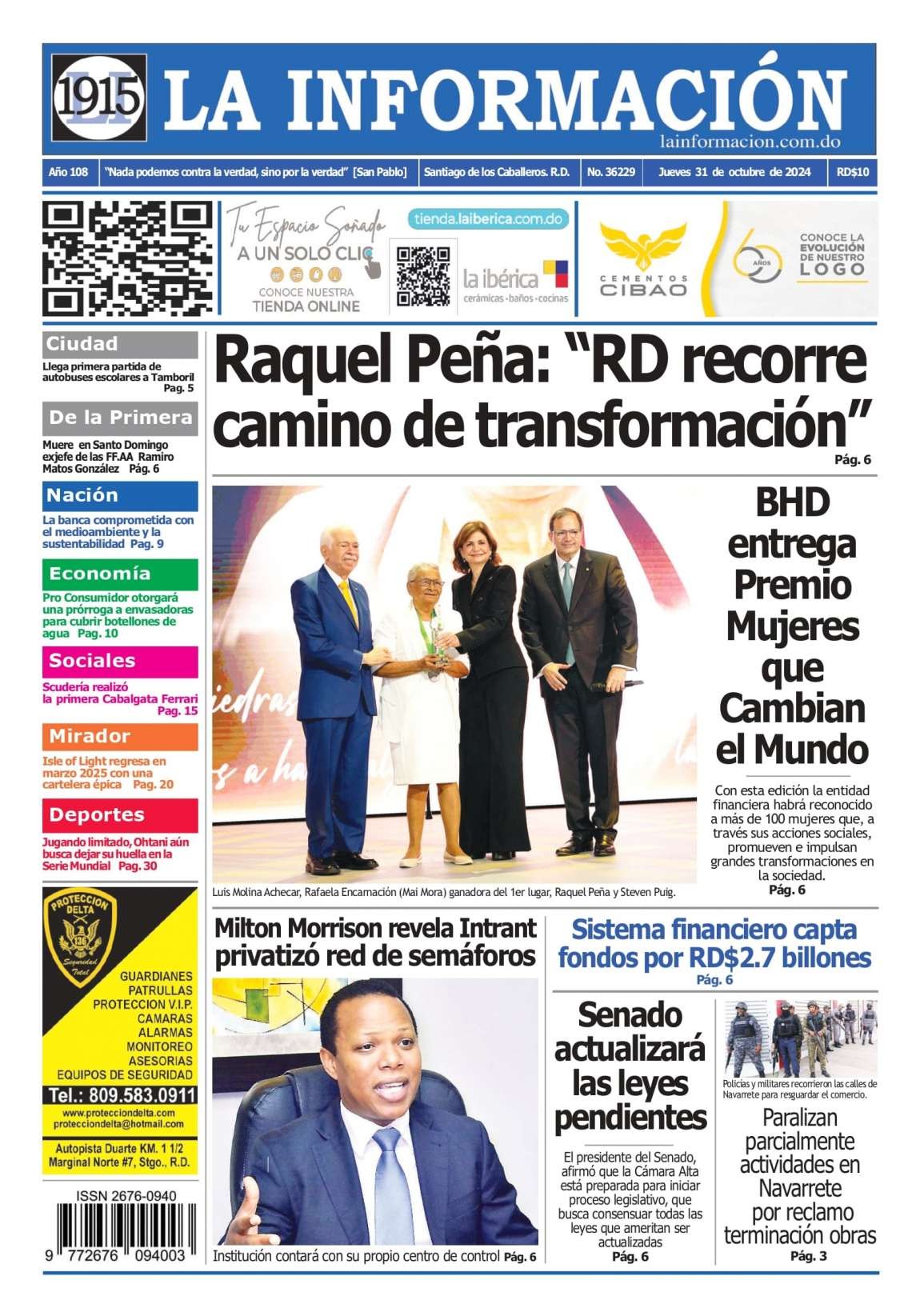 Portada Periódico La Información, Jueves 31 Octubre, 2024