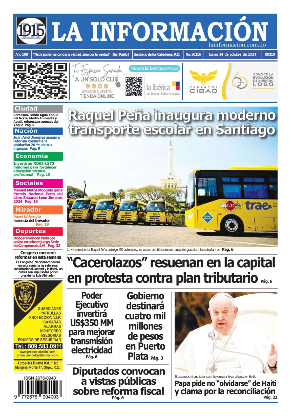 Portada Periódico La Información, Lunes 14 Octubre, 2024