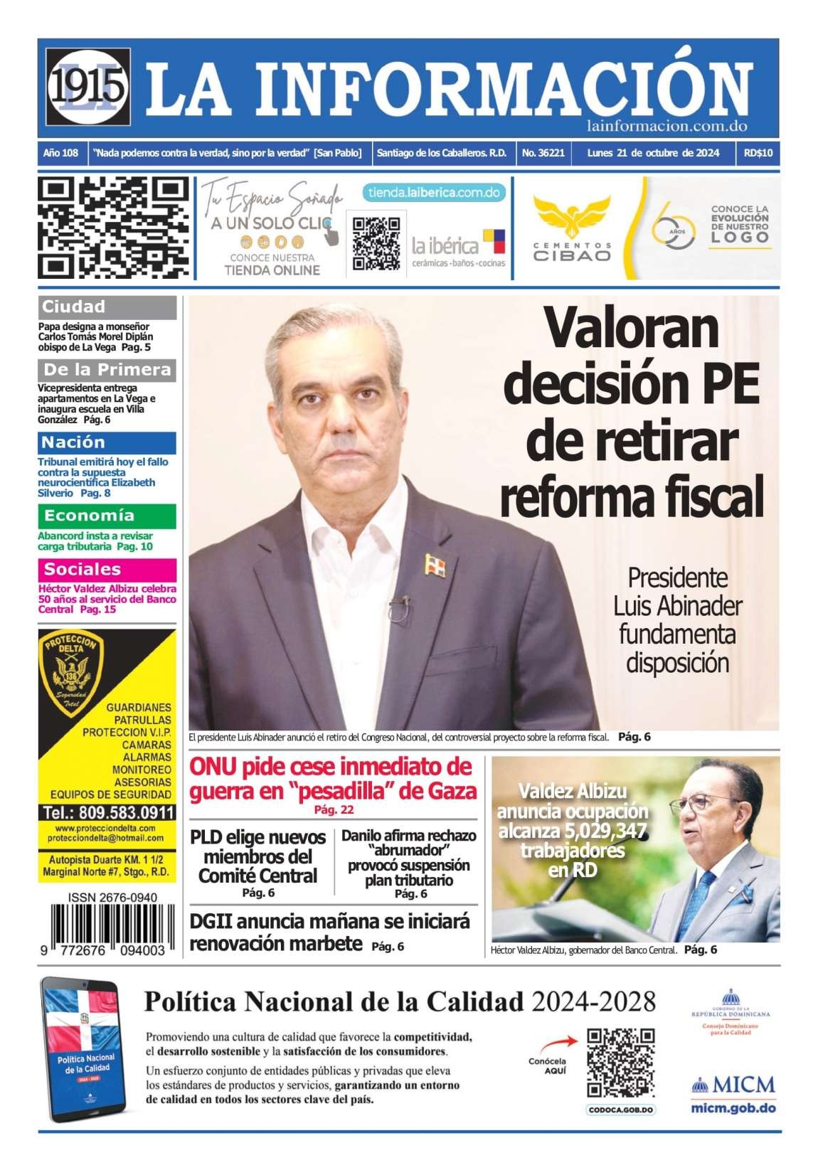 Portada Periódico La Información, Lunes 21 Octubre, 2024