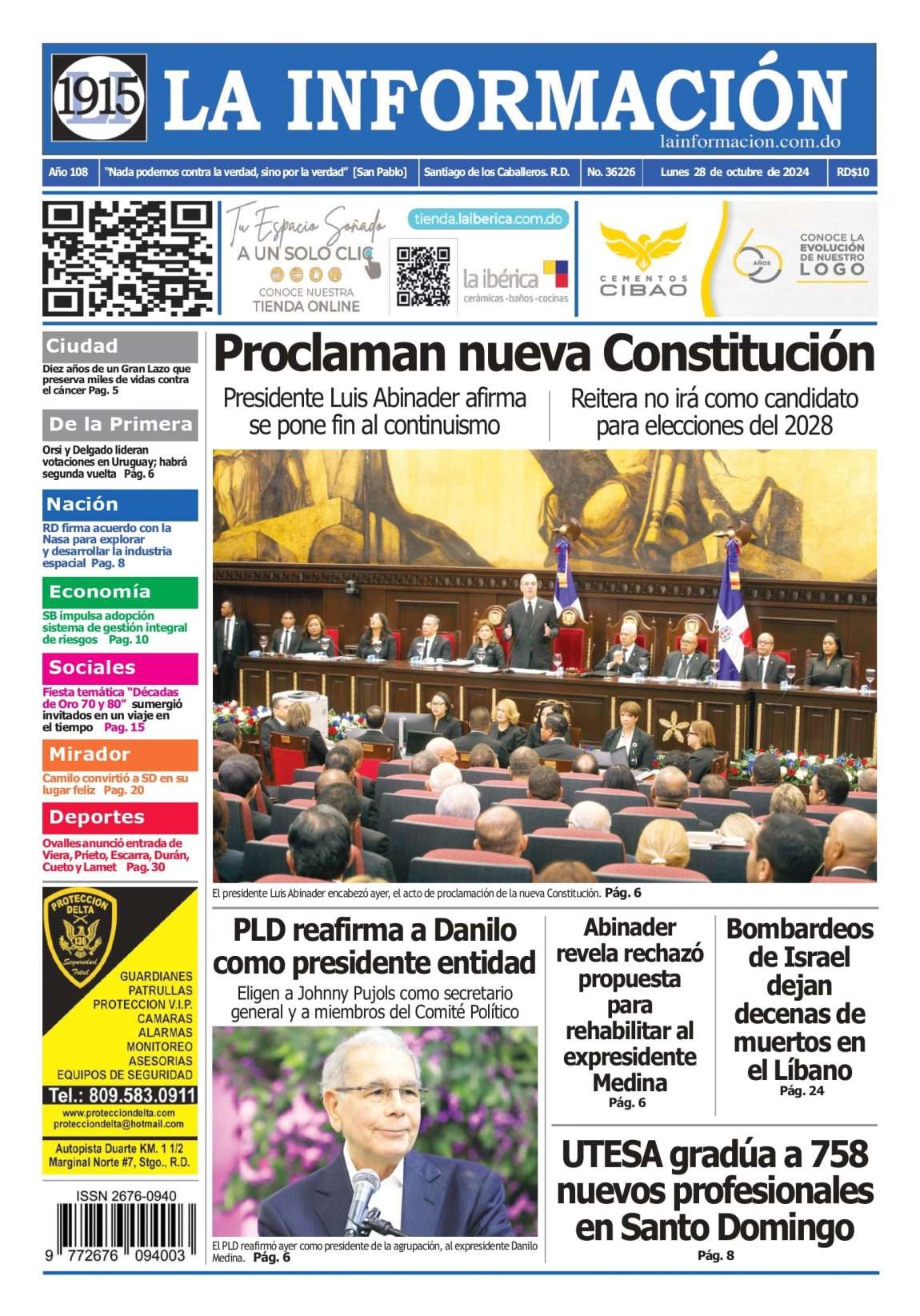 Portada Periódico La Información, Lunes 28 Octubre, 2024