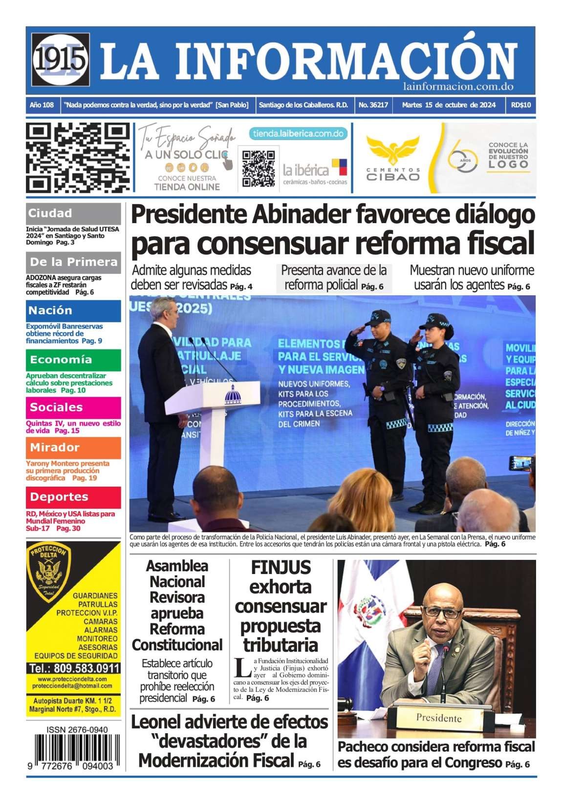 Portada Periódico La Información, Martes 15 Octubre, 2024