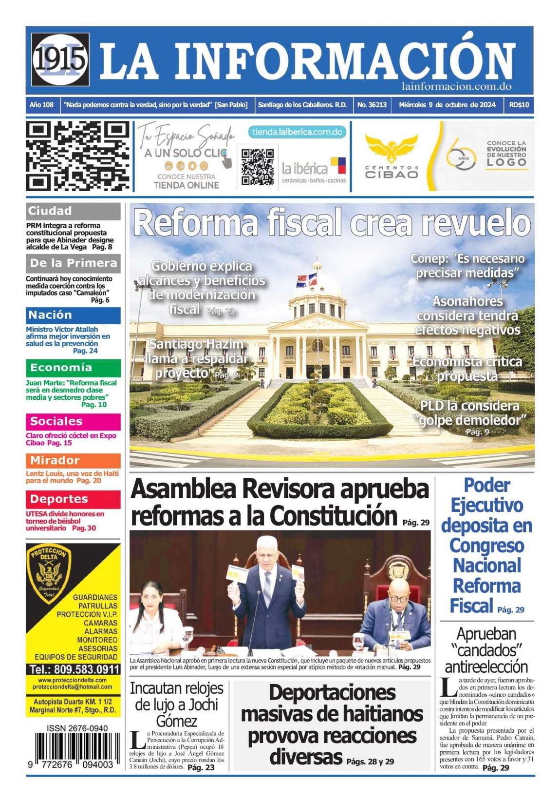 Portada Periódico La Información, Miércoles 09 Octubre, 2024