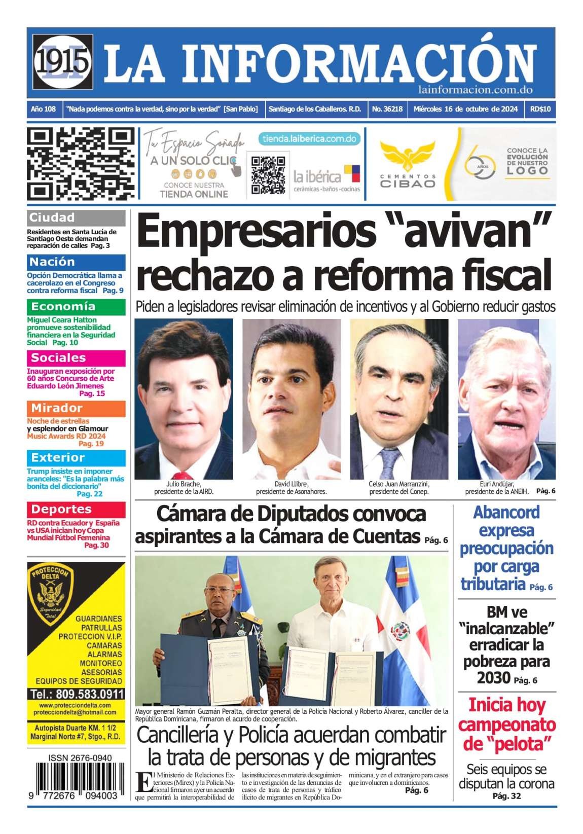 Portada Periódico La Información, Miércoles 16 Octubre, 2024