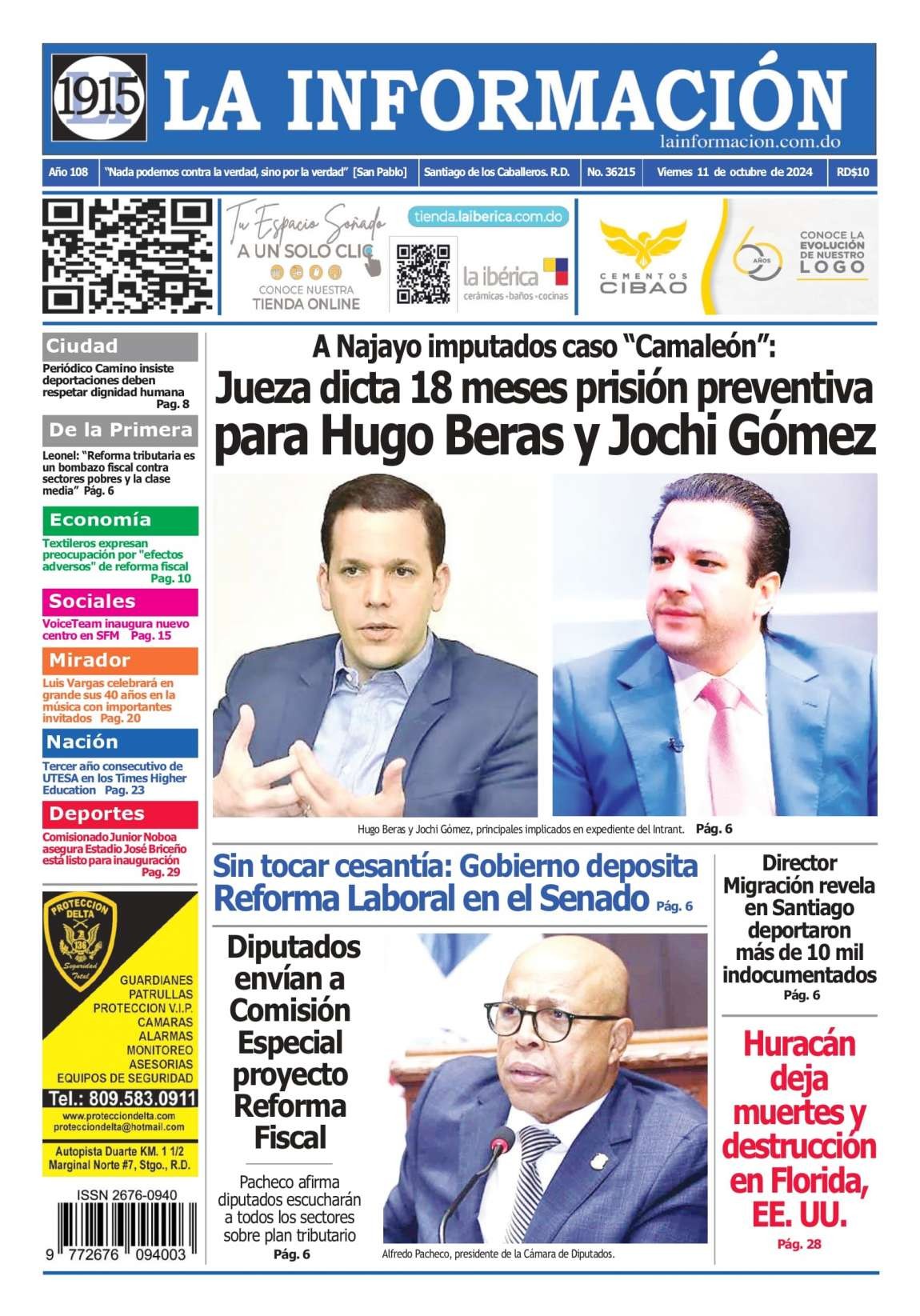 Portada Periódico La Información, Viernes 11 Octubre, 2024