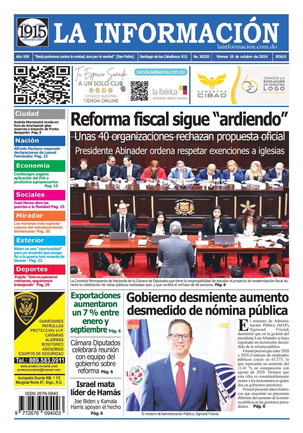 Portada Periódico La Información, Viernes 18 Octubre, 2024