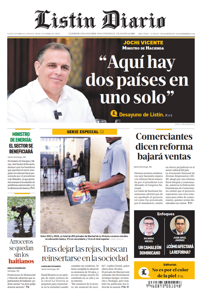 Portada Periódico Listín Diario, Jueves 10 Octubre, 2024