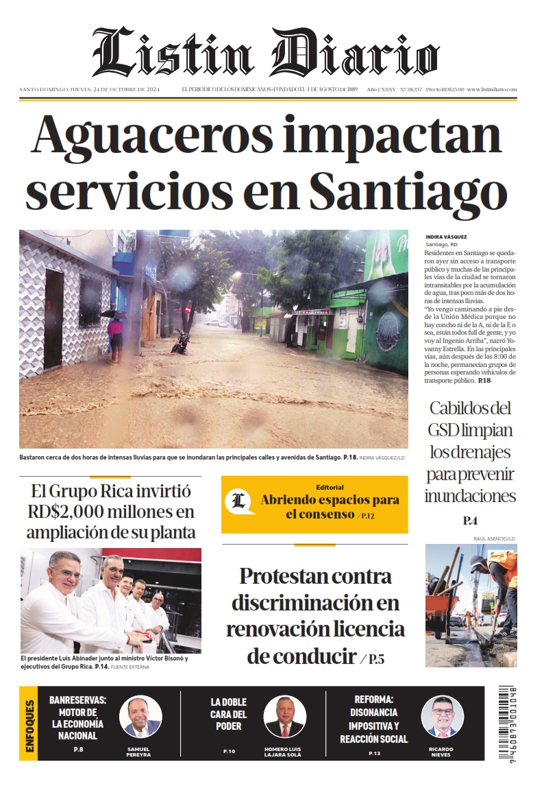 Portada Periódico Listín Diario, Jueves 24 Octubre, 2024