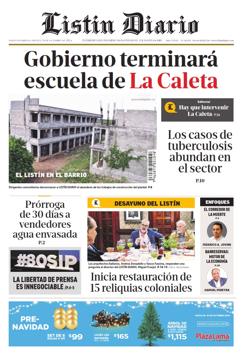 Portada Periódico Listín Diario, Jueves 31 Octubre, 2024