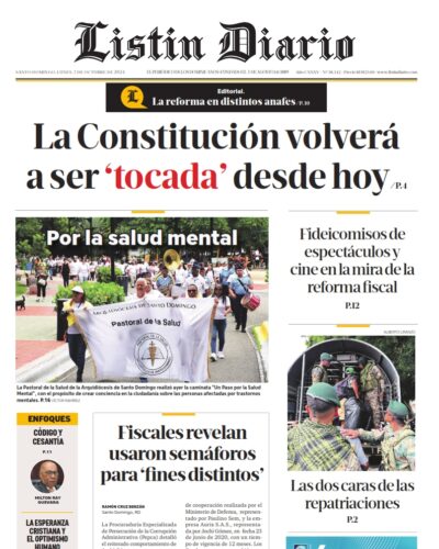 Portada Periódico Listín Diario, Lunes 07 Octubre, 2024