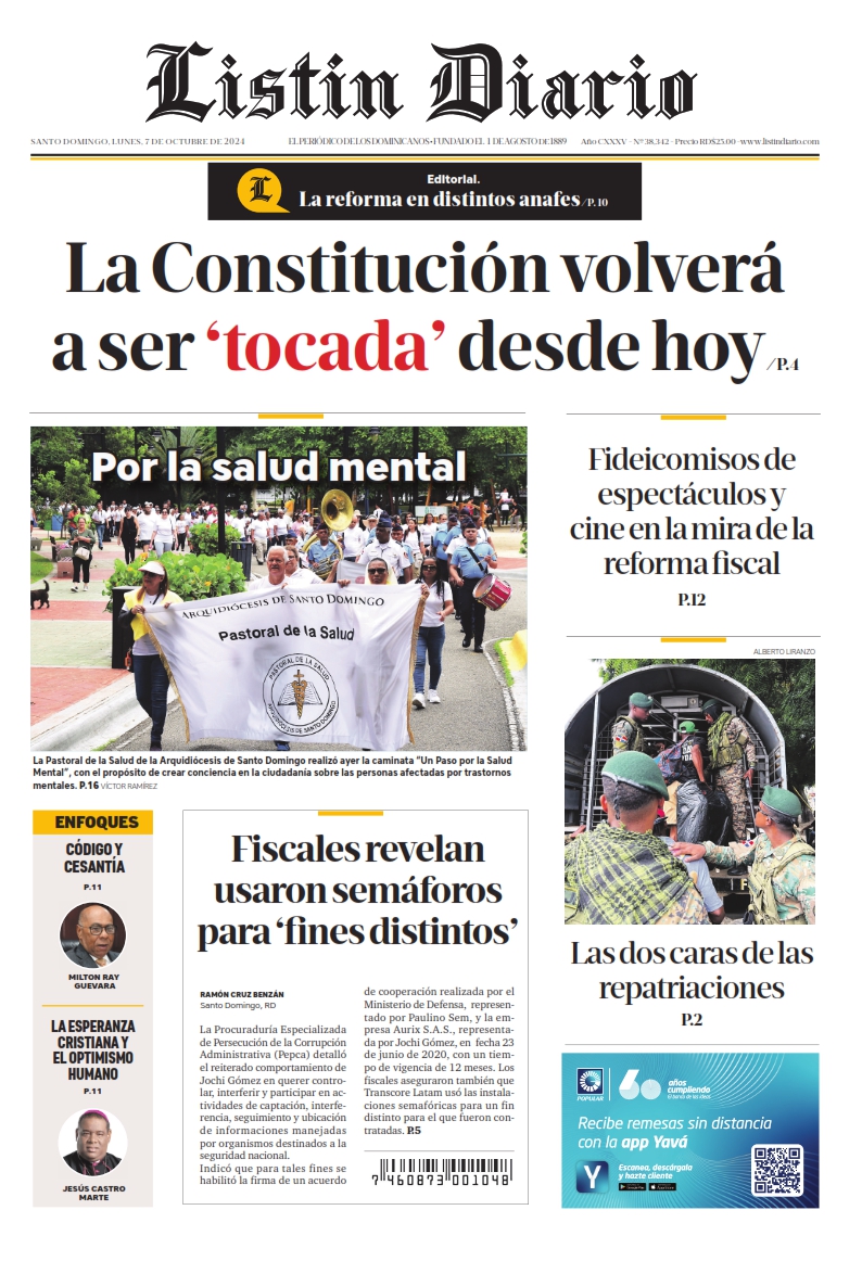 Portada Periódico Listín Diario, Lunes 07 Octubre, 2024