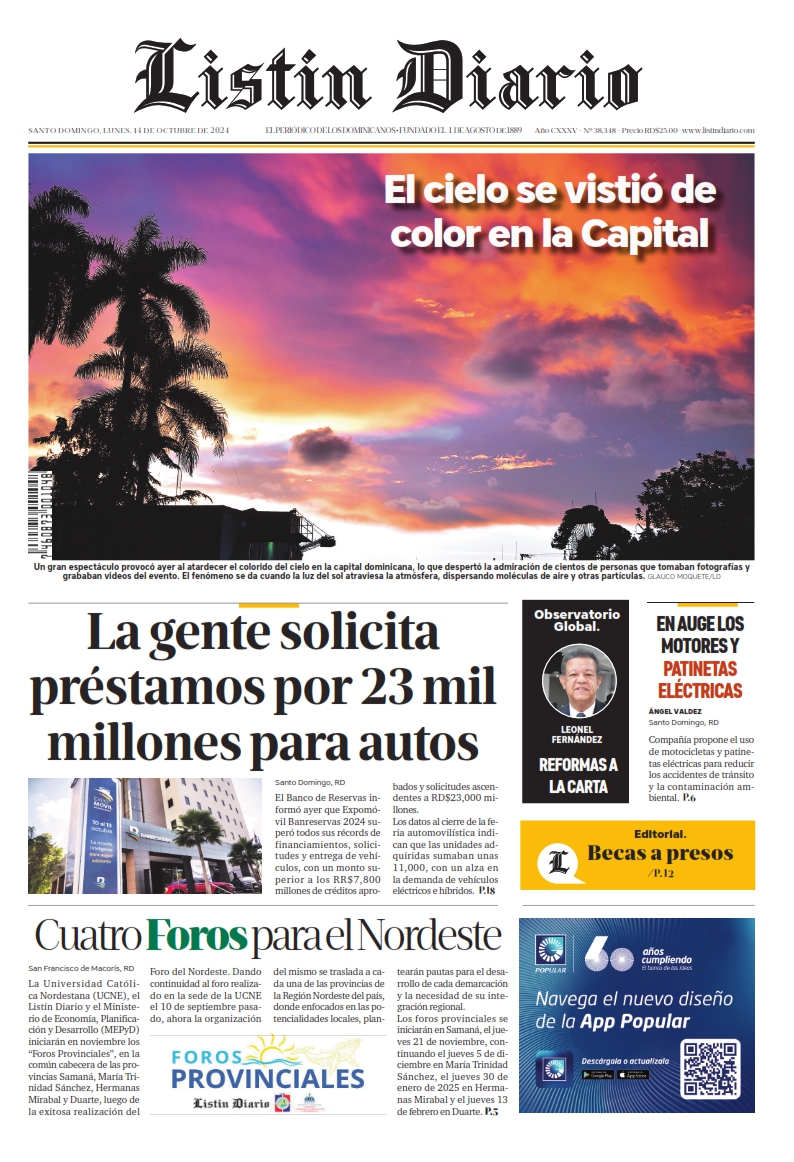 Portada Periódico Listín Diario, Lunes 14 Octubre, 2024