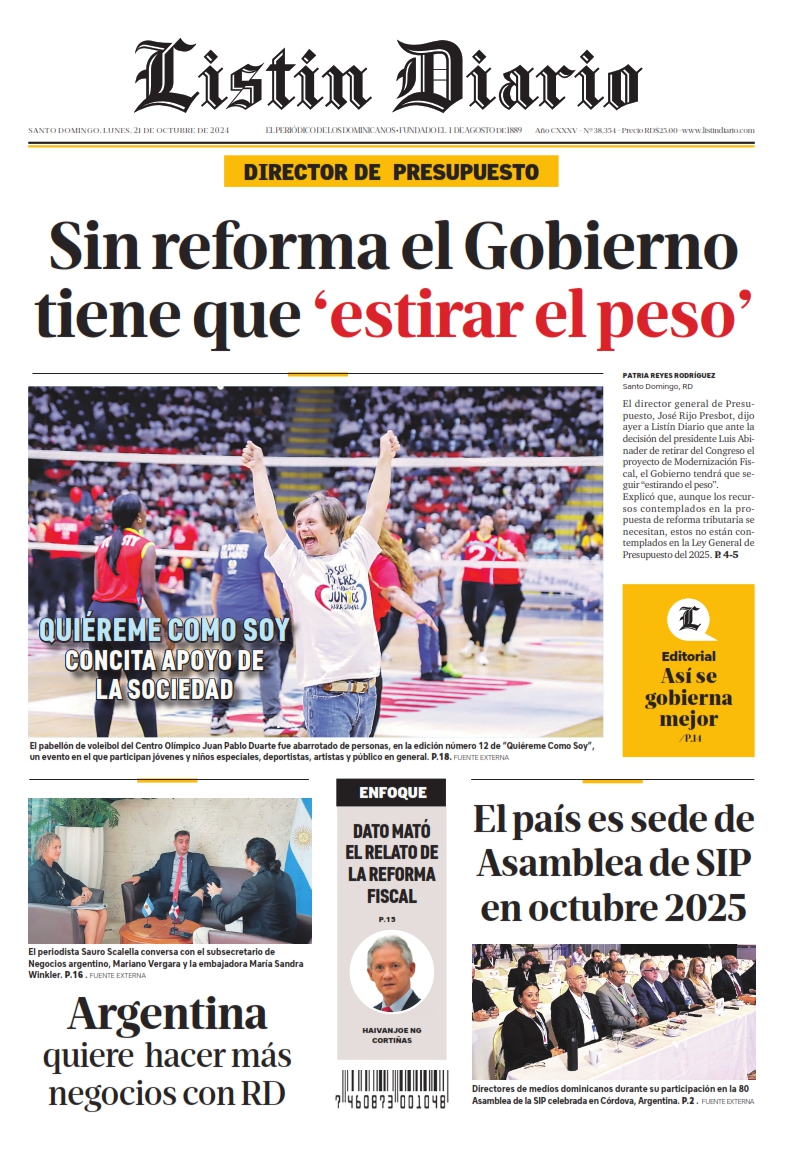 Portada Periódico Listín Diario, Lunes 21 Octubre, 2024