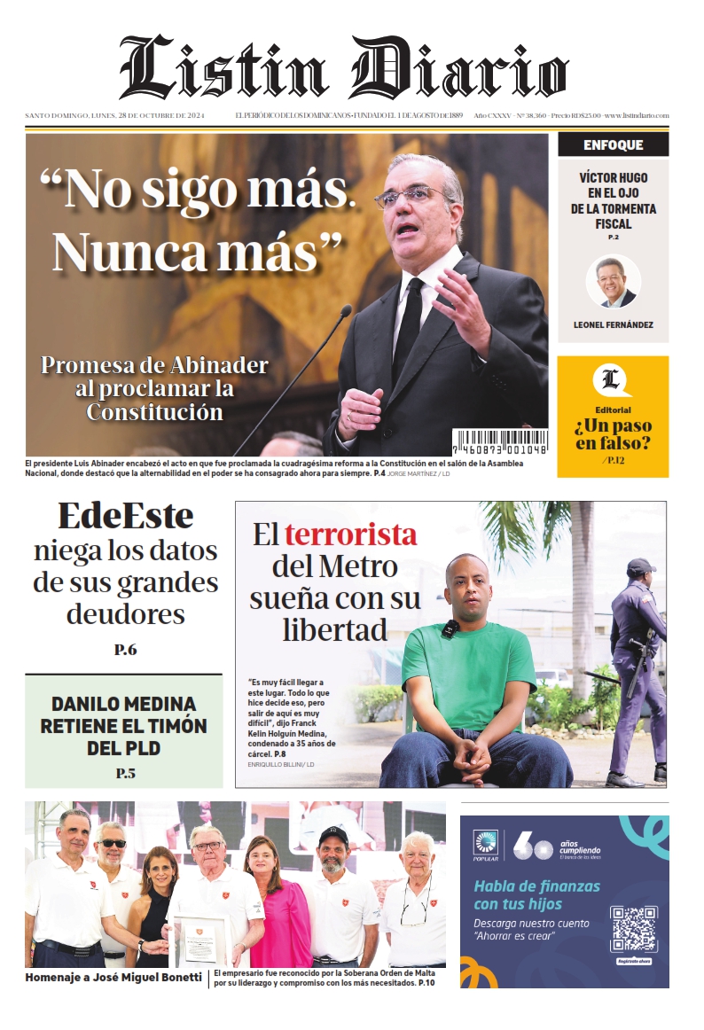 Portada Periódico Listín Diario, Lunes 28 Octubre, 2024