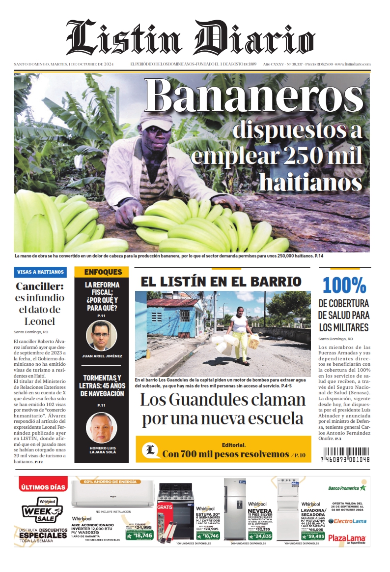 Portada Periódico Listín Diario, Martes 01 Octubre, 2024