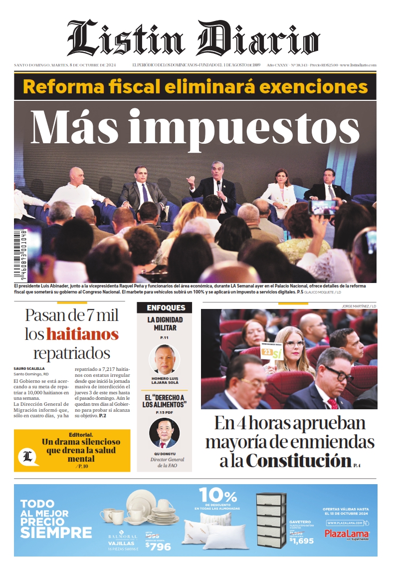 Portada Periódico Listín Diario, Martes 08 Octubre, 2024