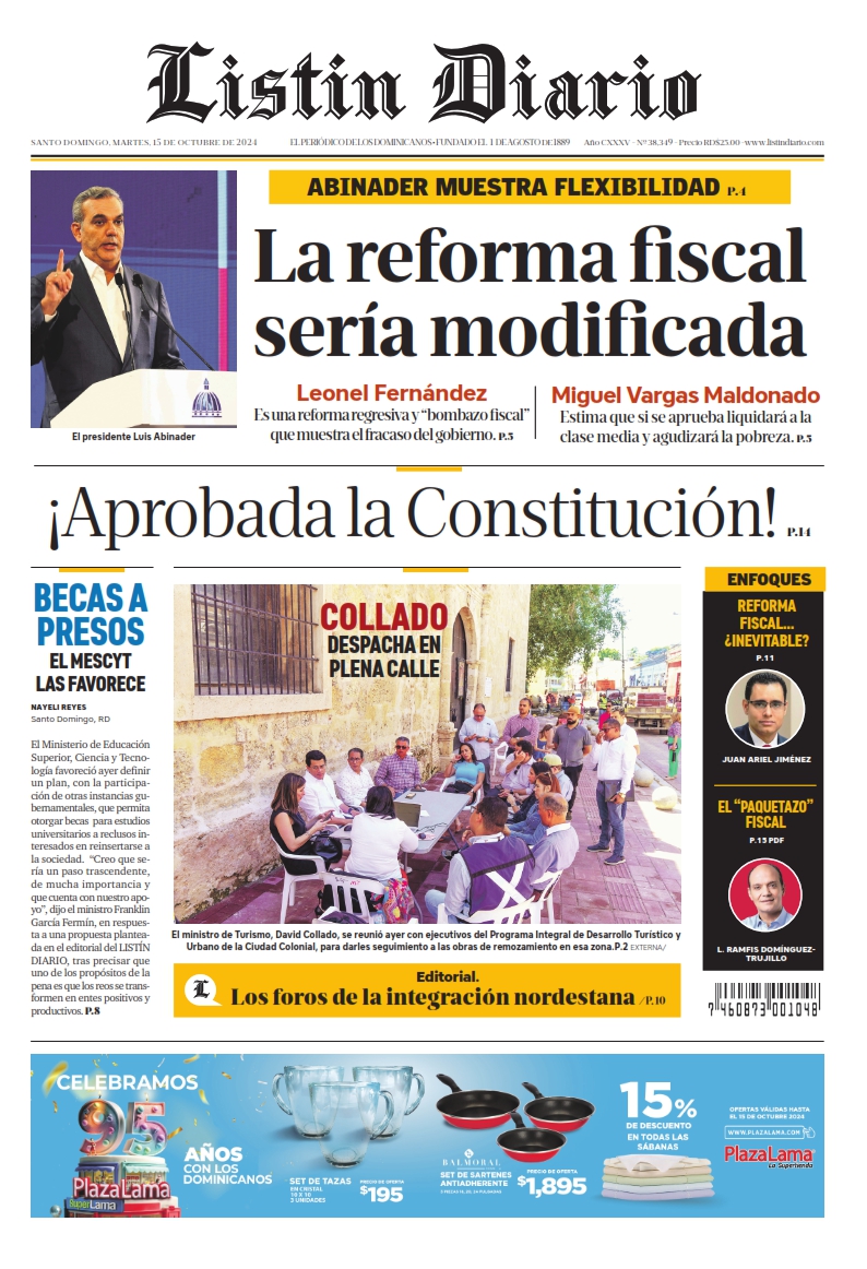 Portada Periódico Listín Diario, Martes 15 Octubre, 2024