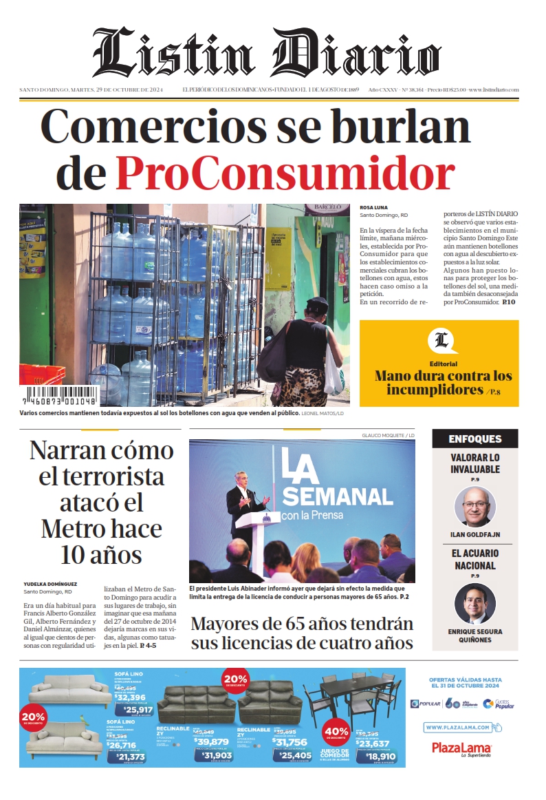 Portada Periódico Listín Diario, Martes 29 Octubre, 2024