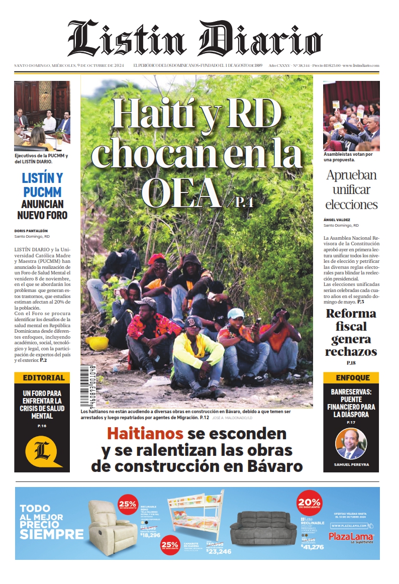 Portada Periódico Listín Diario, Miércoles 09 Octubre, 2024