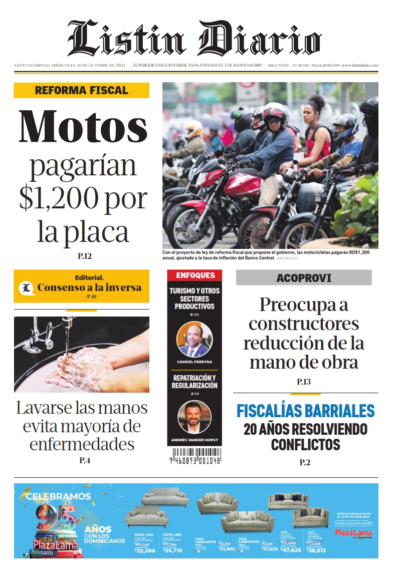 Portada Periódico Listín Diario, Miércoles 16 Octubre, 2024