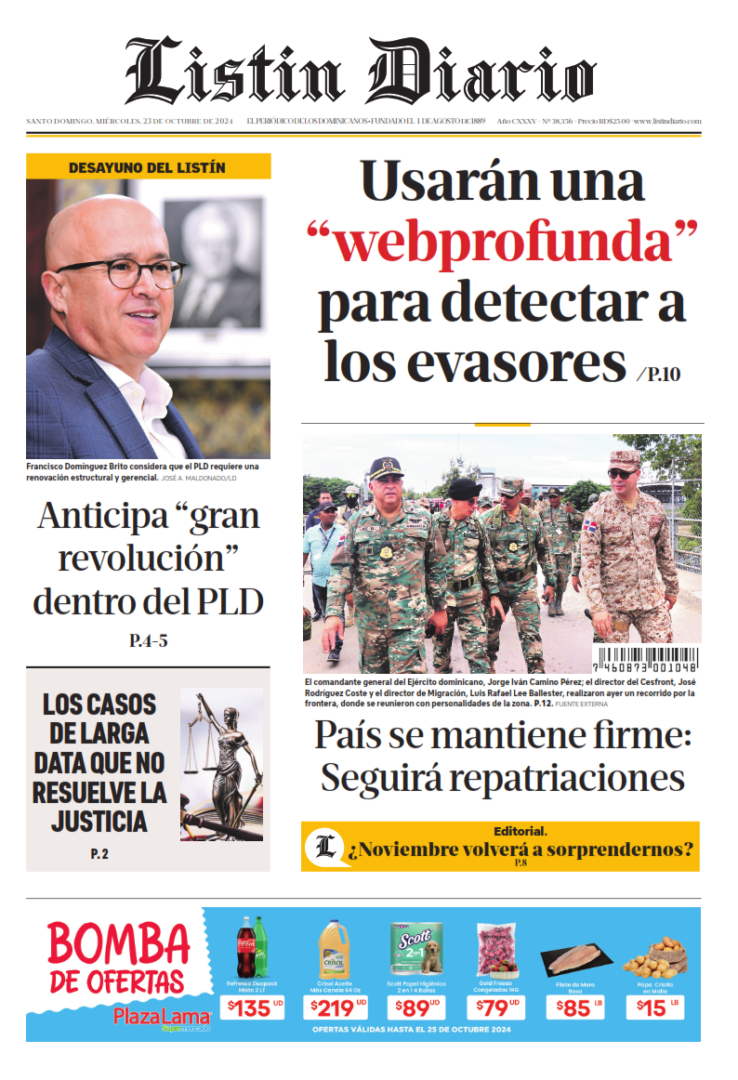 Portada Periódico Listín Diario, Miércoles 23 Octubre, 2024