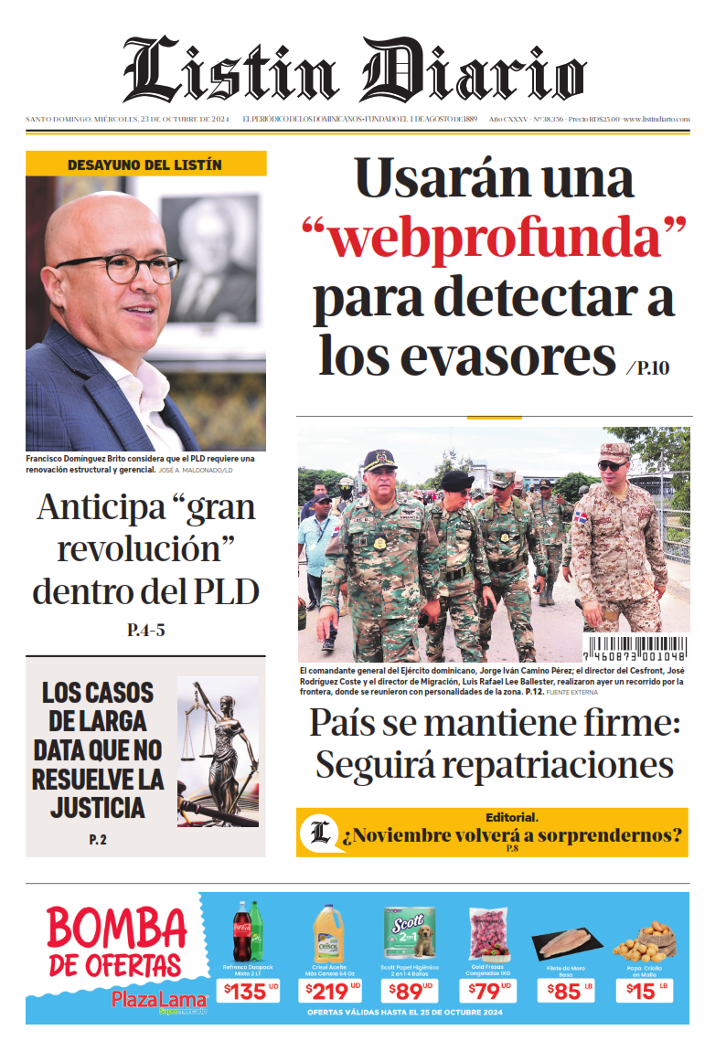 Portada Periódico Listín Diario, Miércoles 23 Octubre, 2024