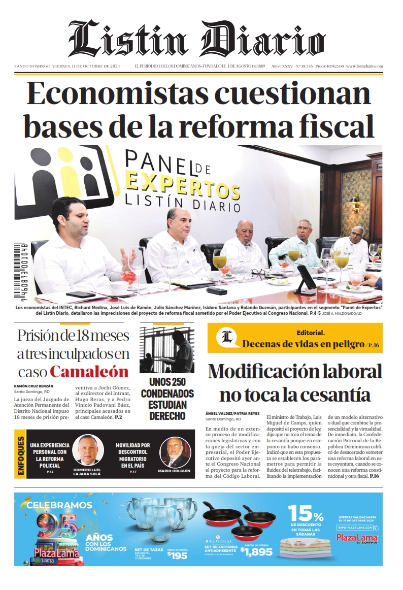 Portada Periódico Listín Diario, Viernes 11 Octubre, 2024