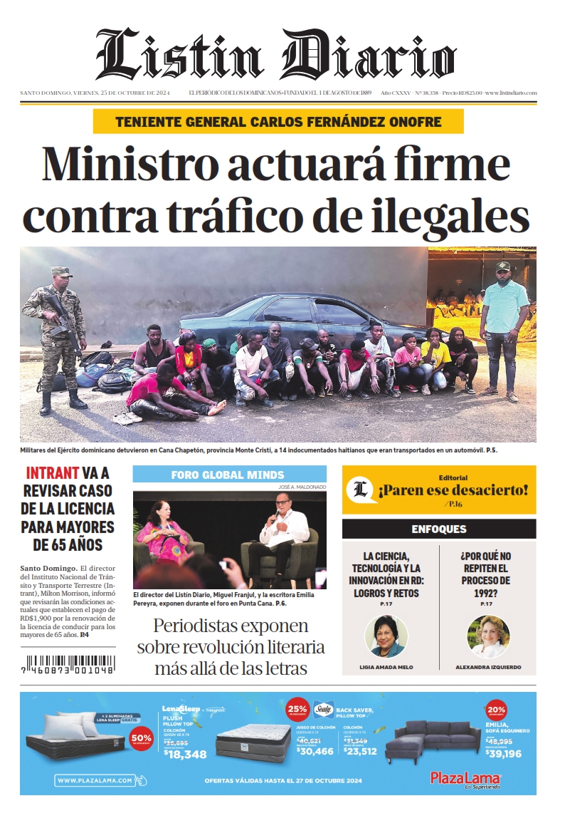 Portada Periódico Listín Diario, Viernes 25 Octubre, 2024