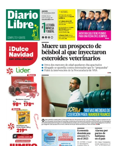 Portada Periódico Diario Libre, Jueves 14 Noviembre, 2024